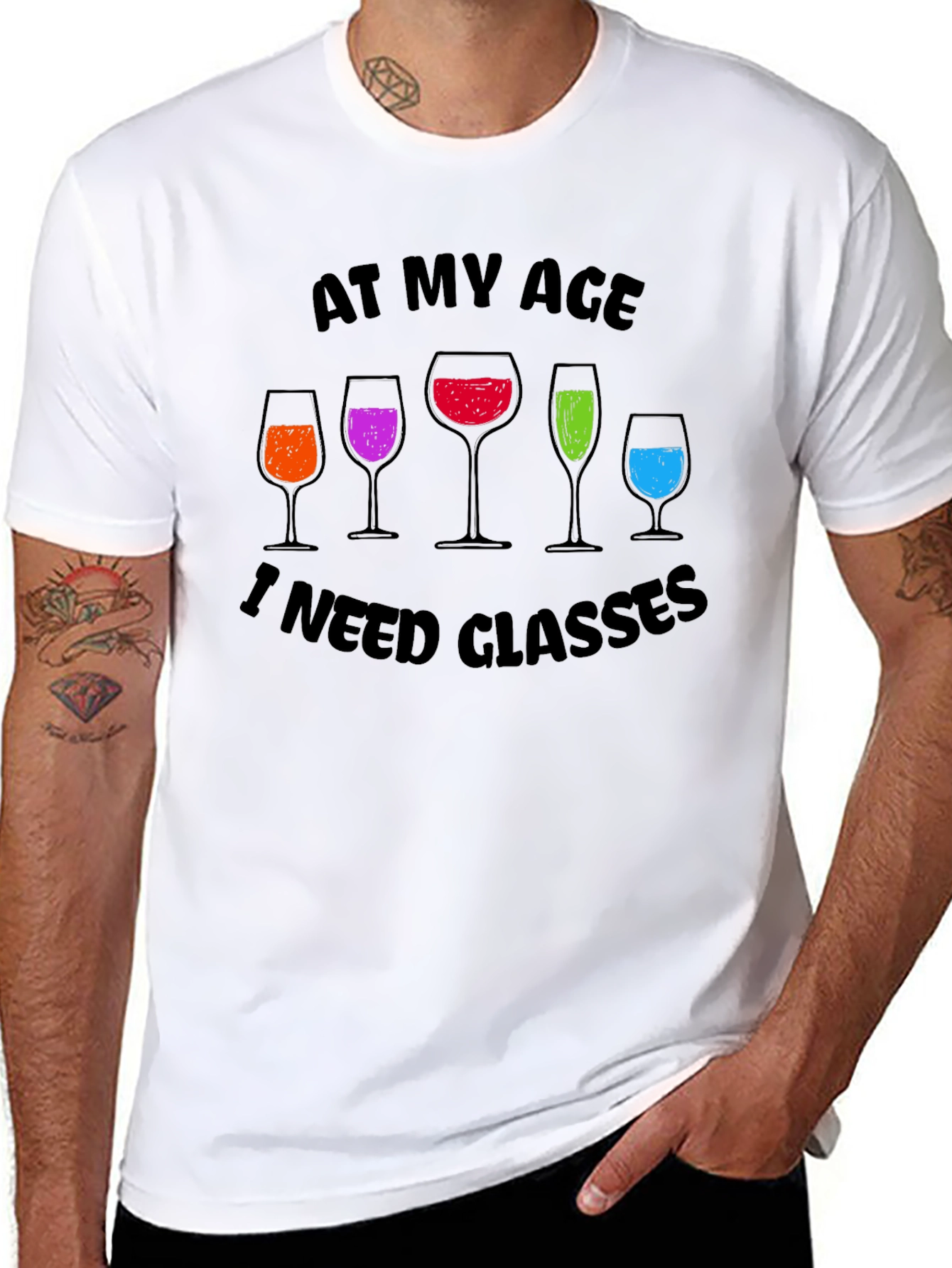 Funny Wine Glasses Graphic T-Shirt - At My Age I Need Glasses