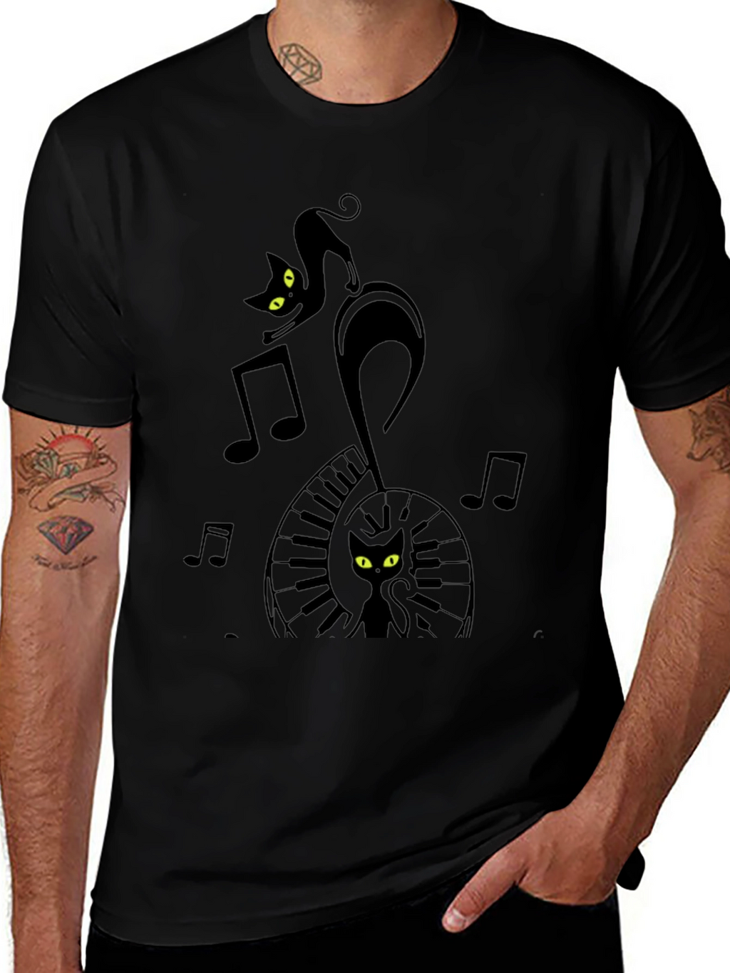 Musical Cat Black Graphic T-Shirt