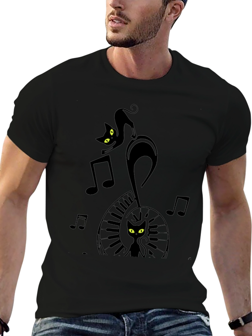 Musical Cat Black Graphic T-Shirt