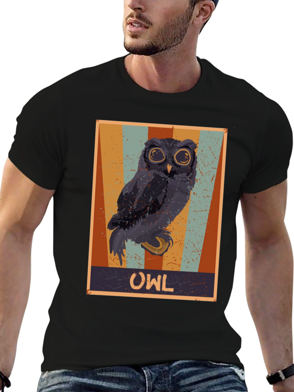 Retro Owl Graphic Print Black T-Shirt
