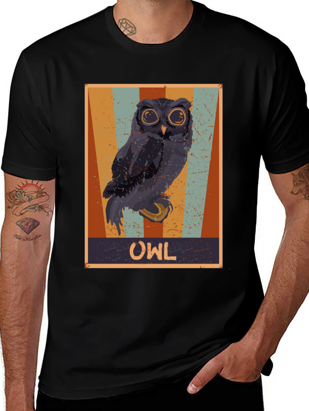 Retro Owl Graphic Print Black T-Shirt