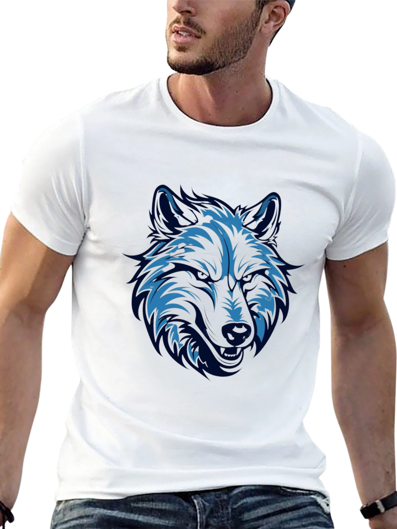 Blue Wolf Graphic Print Black T-Shirt