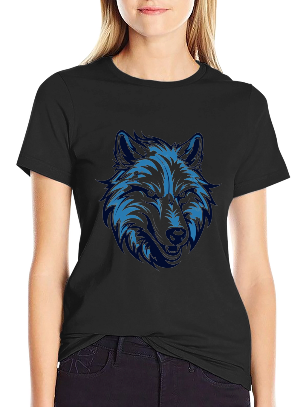 Blue Wolf Graphic Print Black T-Shirt