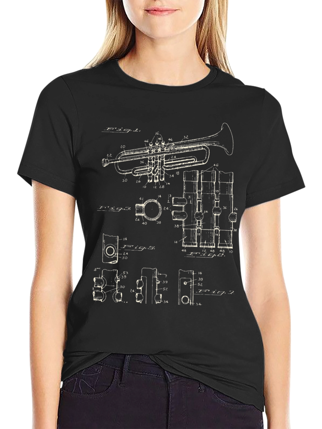 Vintage Trumpet Blueprint Black T-Shirt