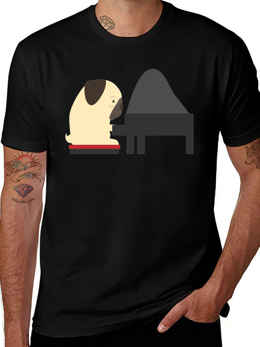 Pug Playing Piano Black T-Shirt