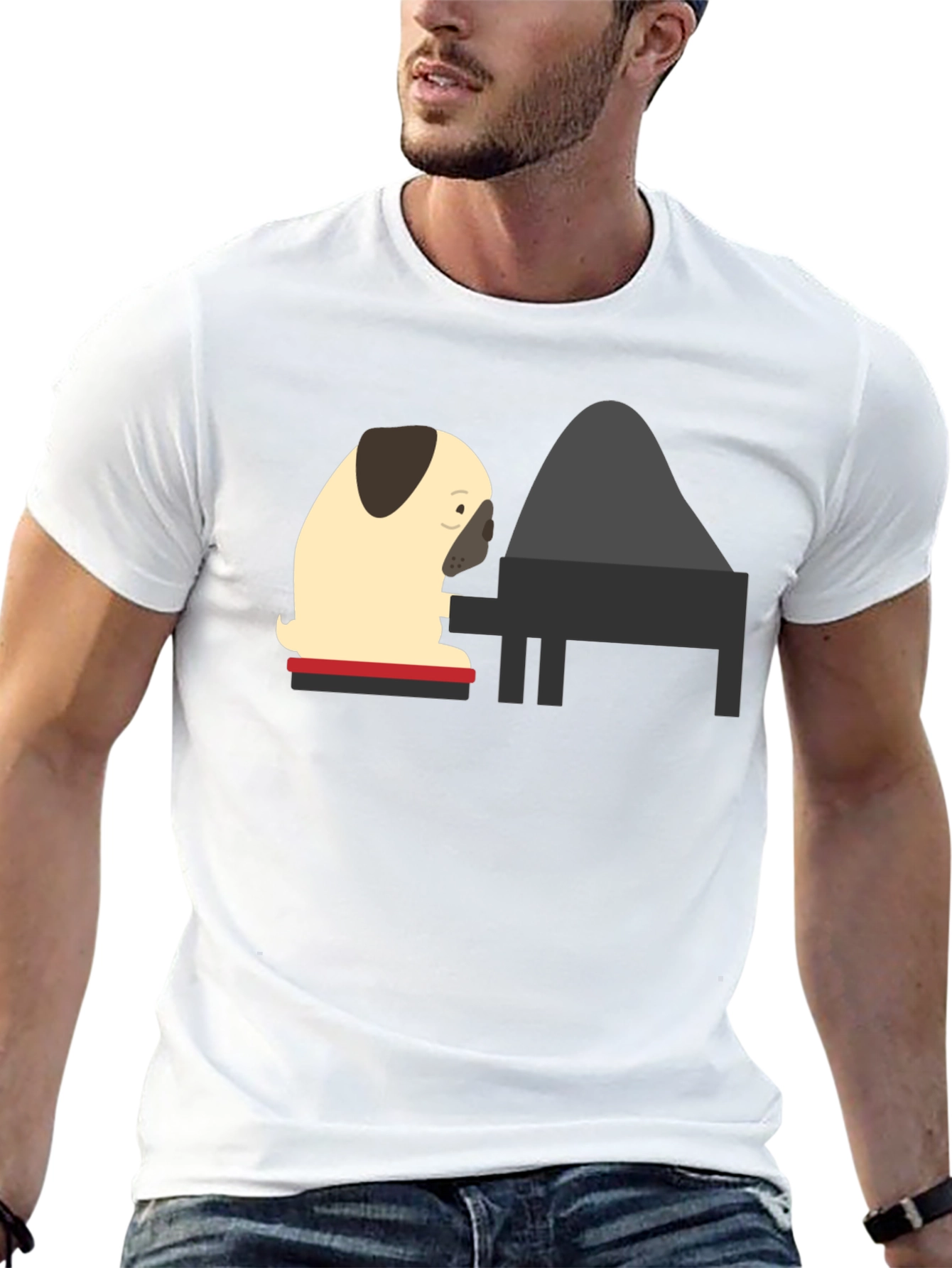 Pug Playing Piano Black T-Shirt