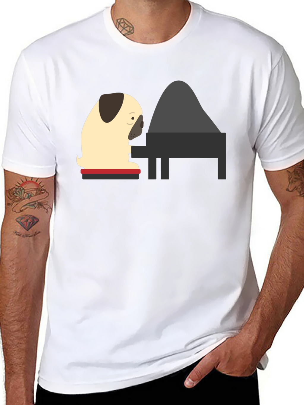 Pug Playing Piano Black T-Shirt
