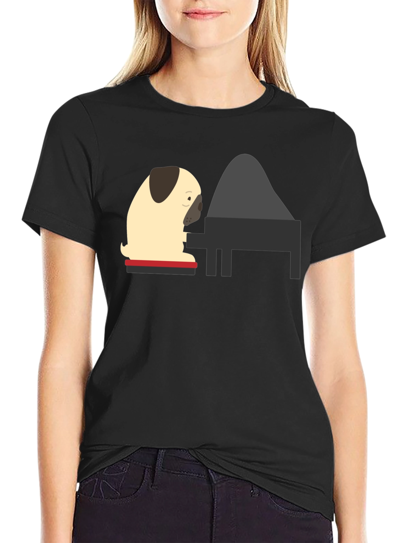 Pug Playing Piano Black T-Shirt