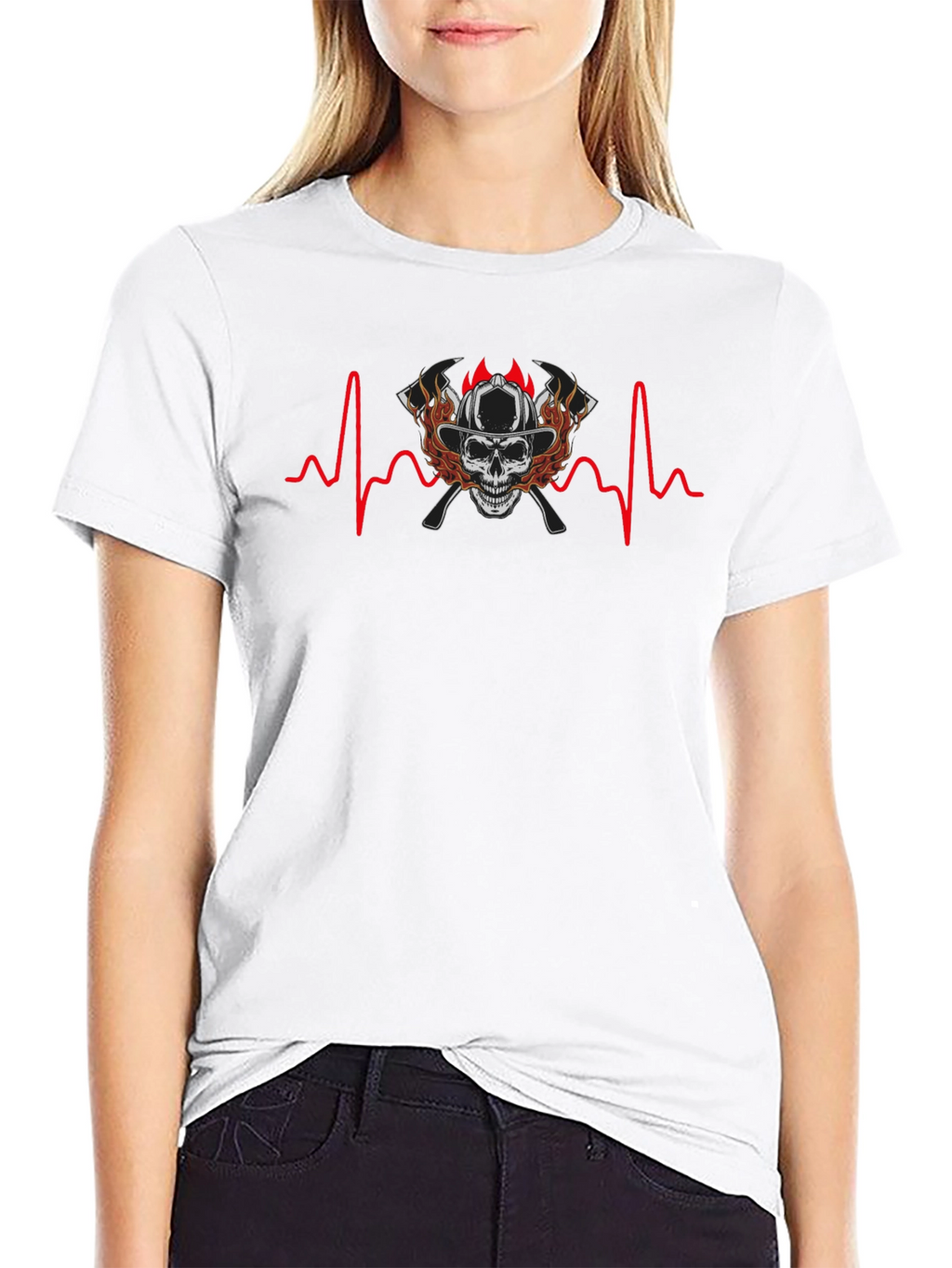 Firefighter Skull Heartbeat T-Shirt