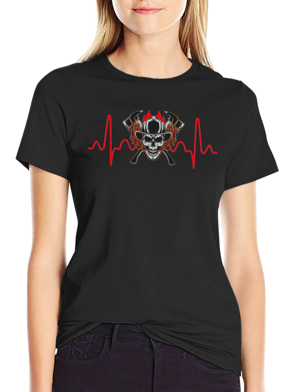 Firefighter Skull Heartbeat T-Shirt
