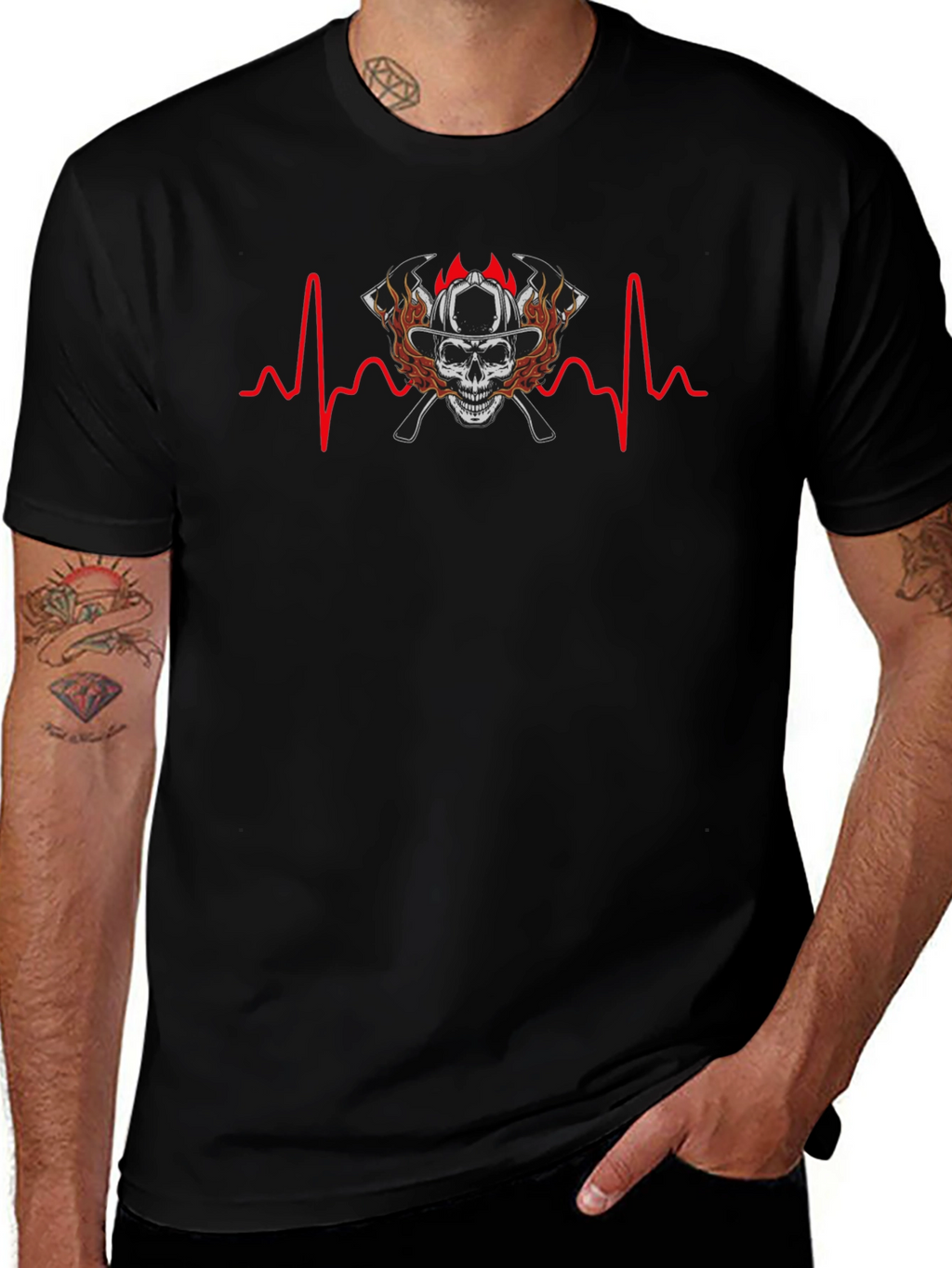 Firefighter Skull Heartbeat T-Shirt