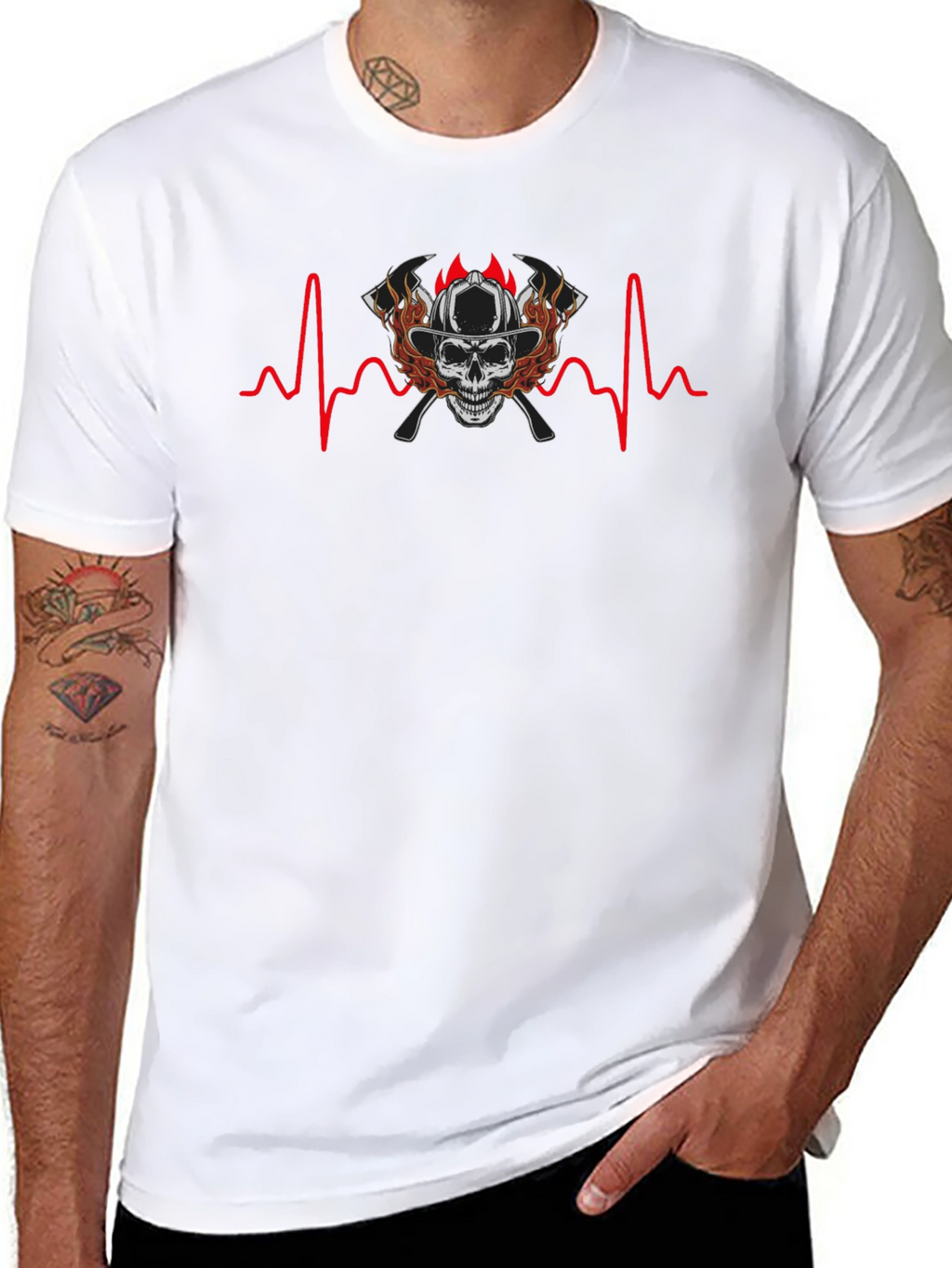 Firefighter Skull Heartbeat T-Shirt