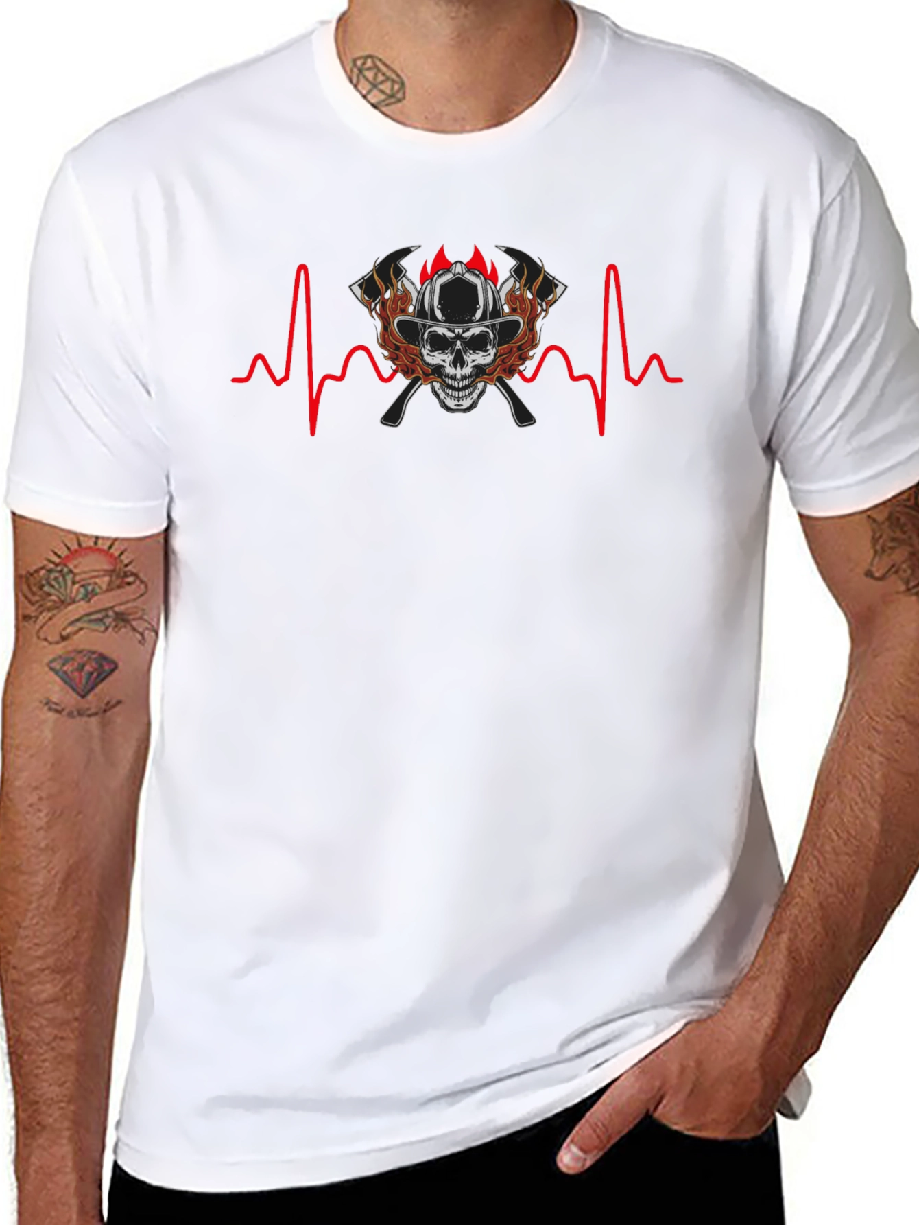 Firefighter Skull Heartbeat T-Shirt