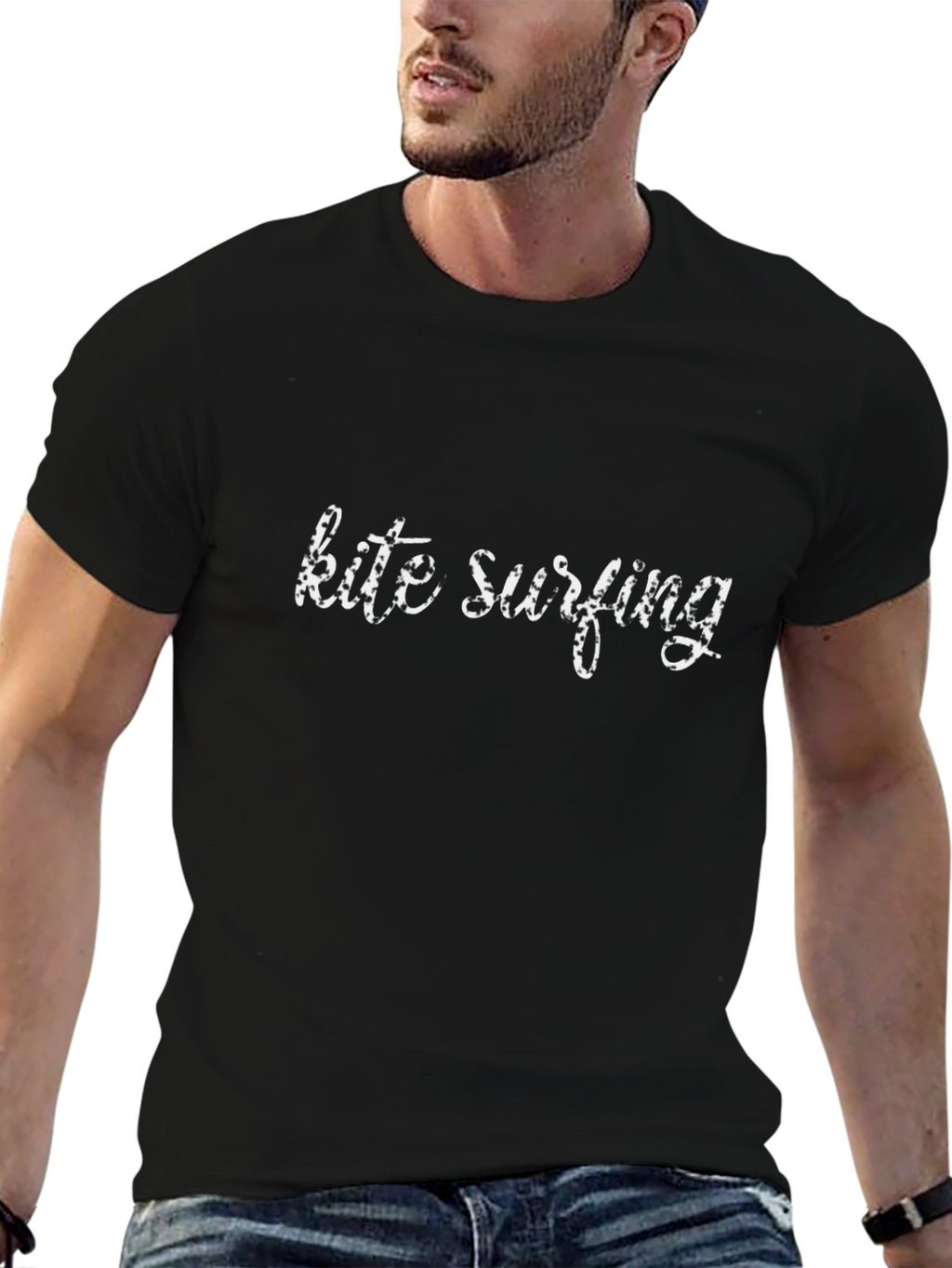 Kite Surfing Graphic Tee - Black Cotton T-Shirt