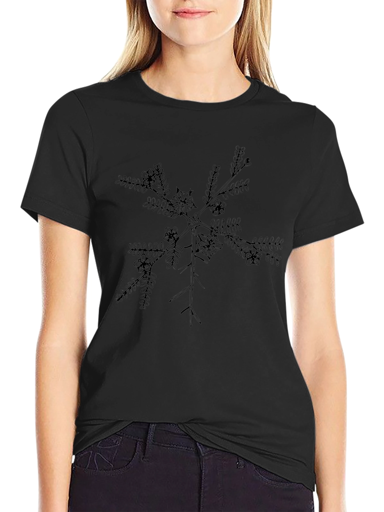 Botanical Branch Graphic Tee - Black Casual Comfort