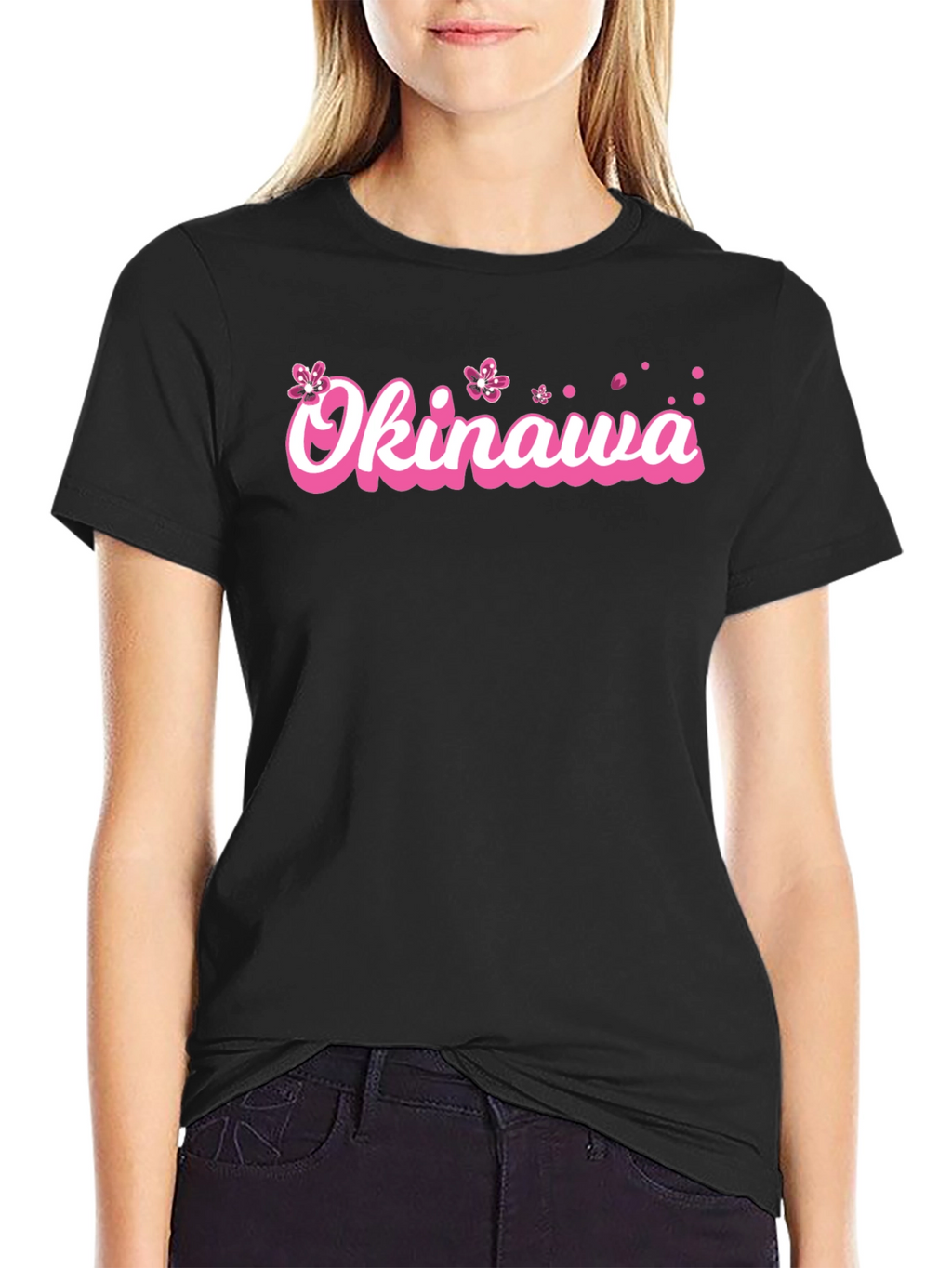 Okinawa Pink Cherry Blossom Graphic Black T-Shirt