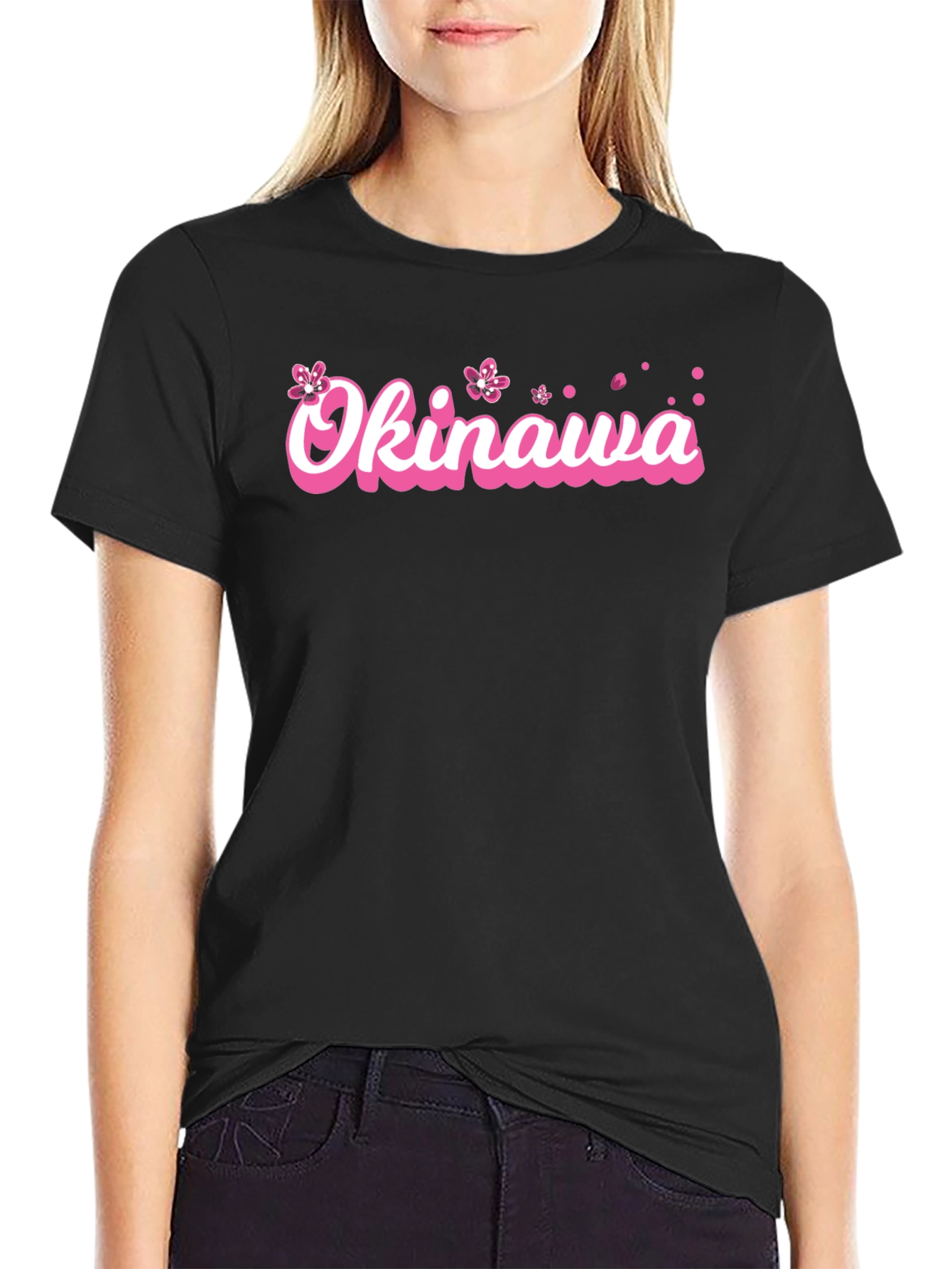 Okinawa Pink Cherry Blossom Graphic Black T-Shirt