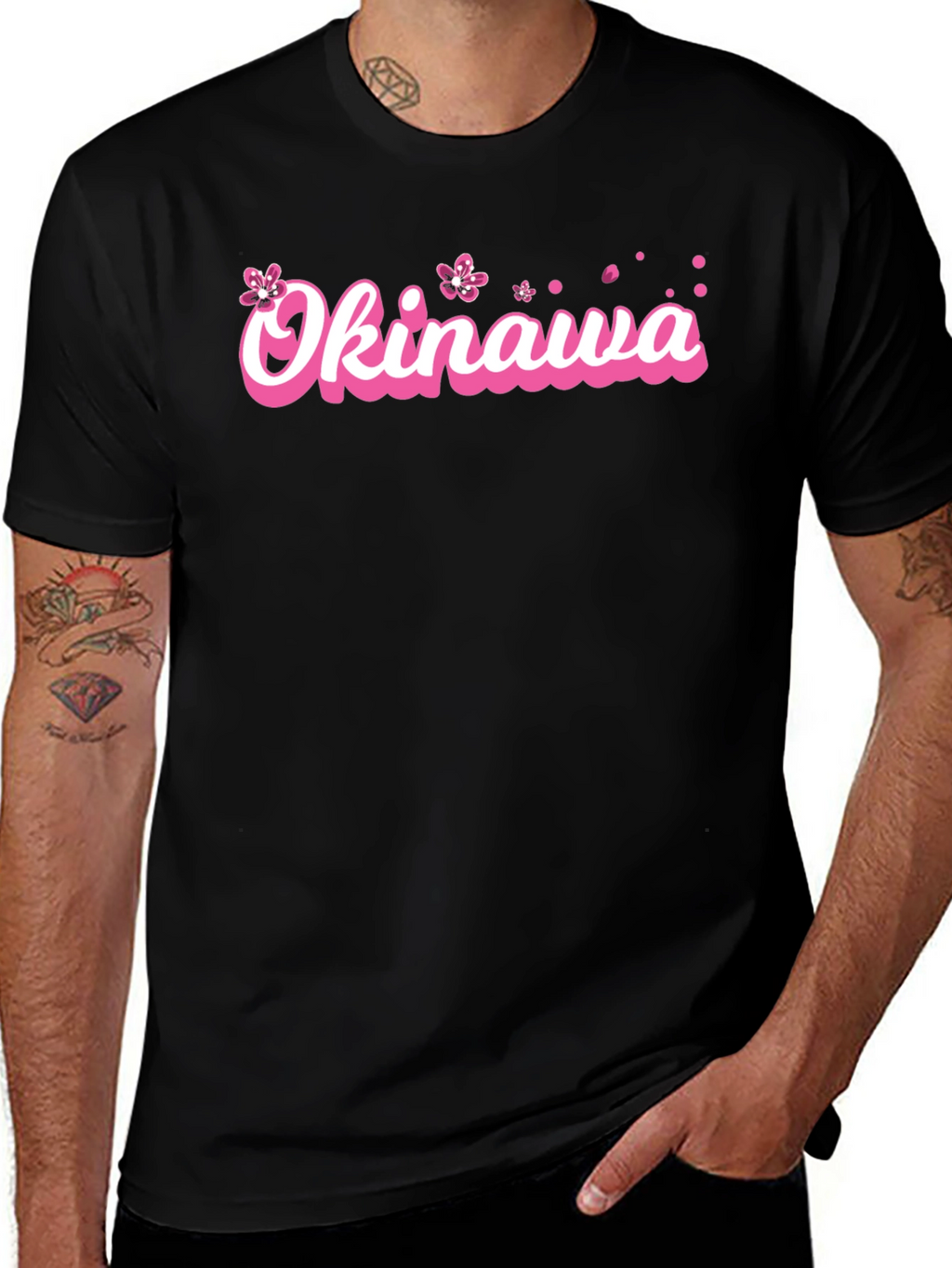 Okinawa Pink Cherry Blossom Graphic Black T-Shirt