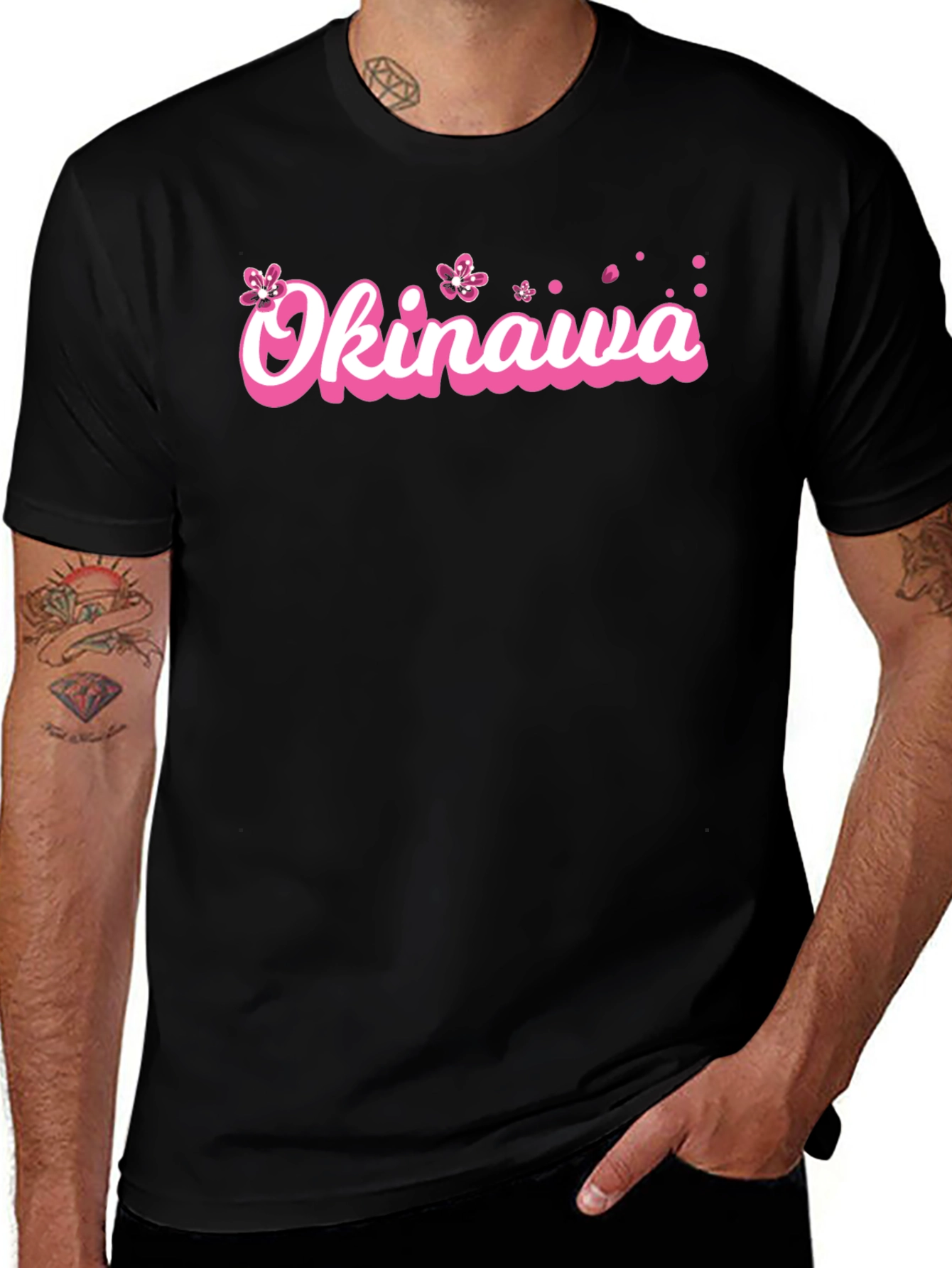 Okinawa Pink Cherry Blossom Graphic Black T-Shirt