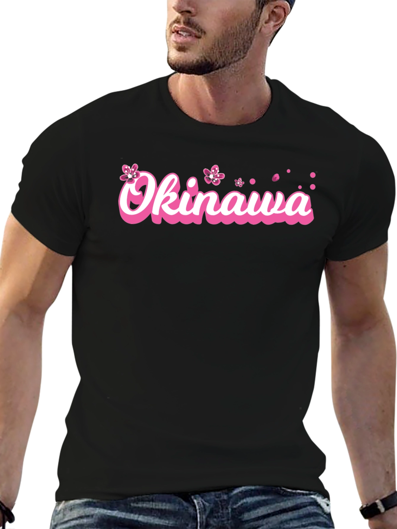 Okinawa Pink Cherry Blossom Graphic Black T-Shirt