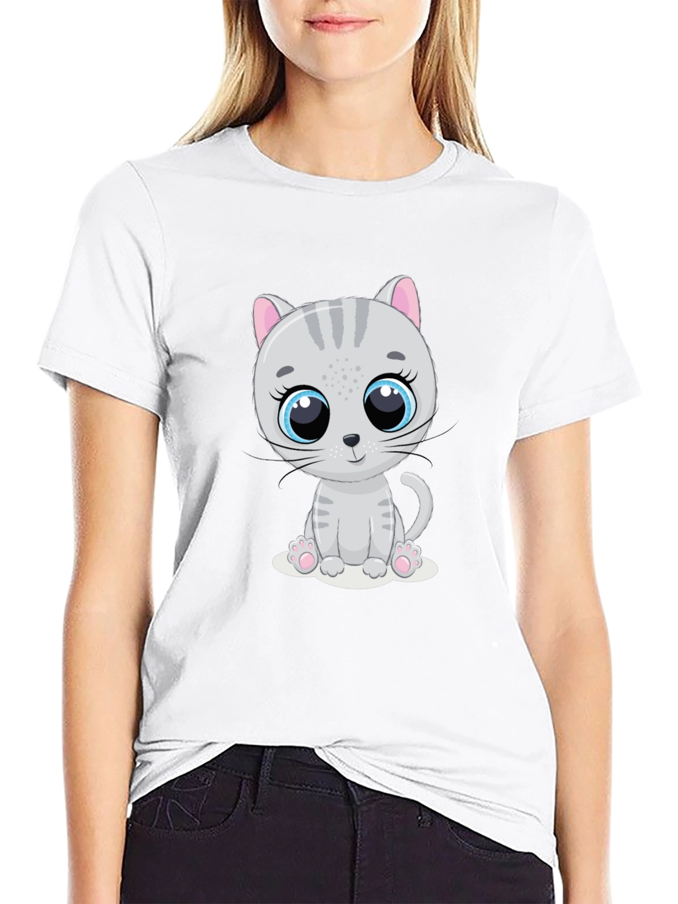 Cute Cartoon Cat Graphic Print T-Shirt