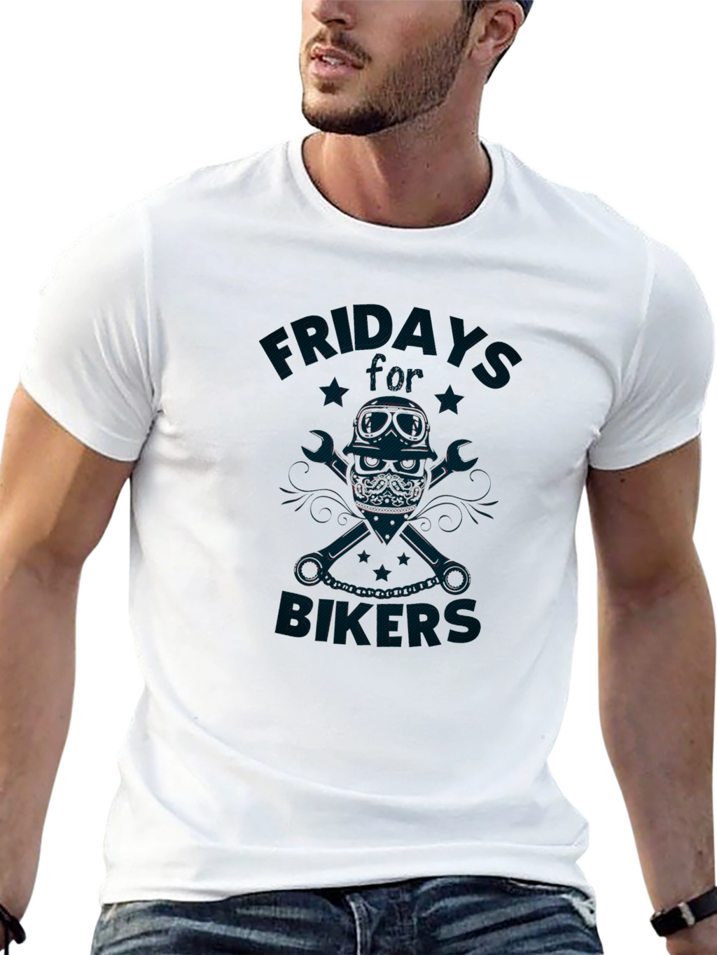 Friday Bikers T-Shirt - Skull & Wrenches Design