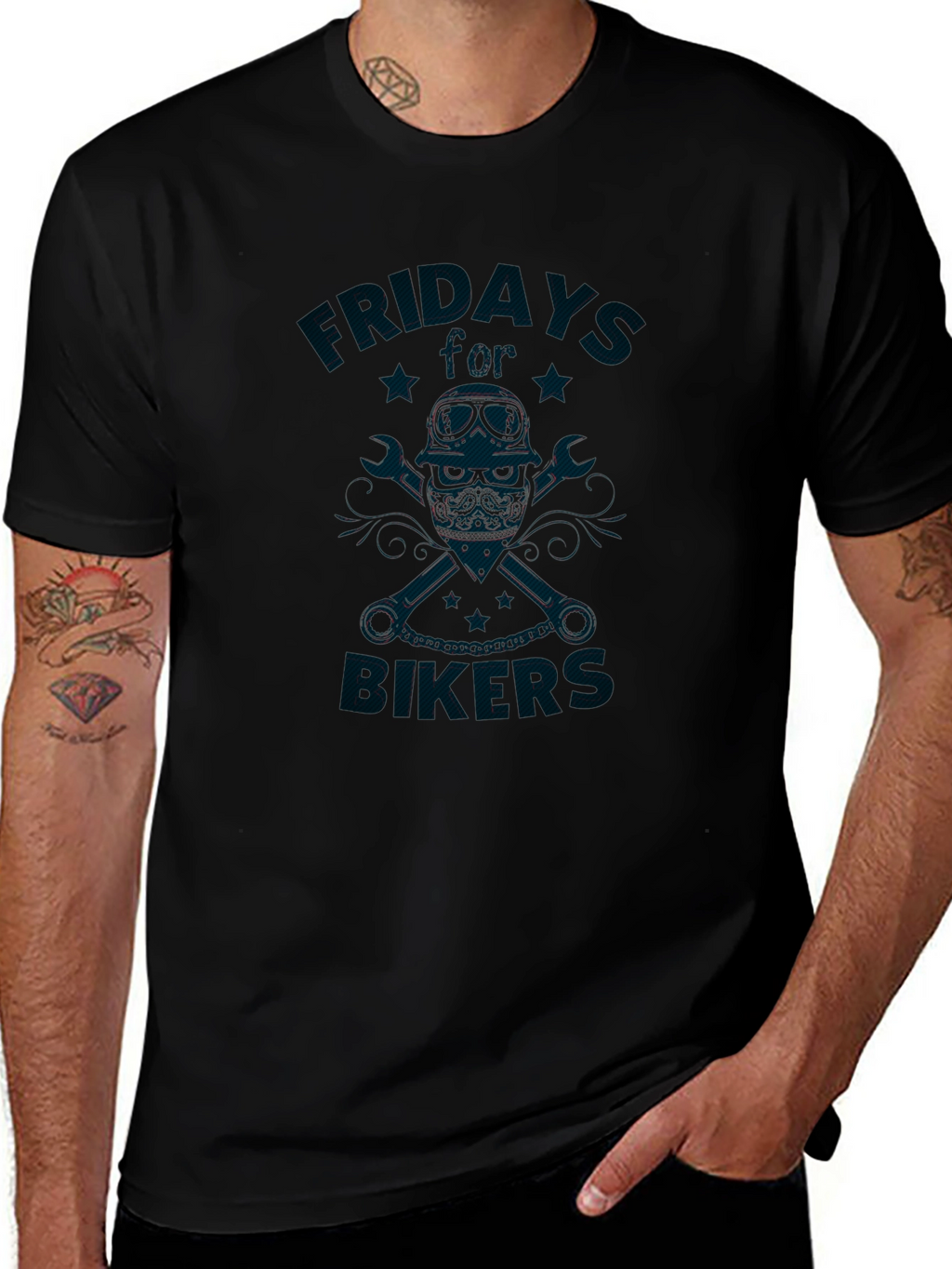 Friday Bikers T-Shirt - Skull & Wrenches Design