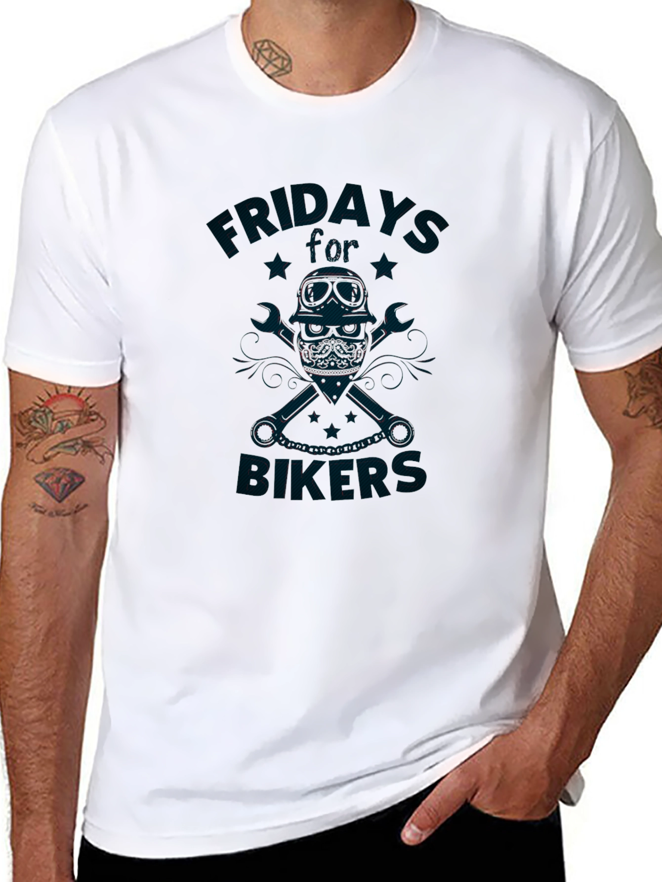 Friday Bikers T-Shirt - Skull & Wrenches Design