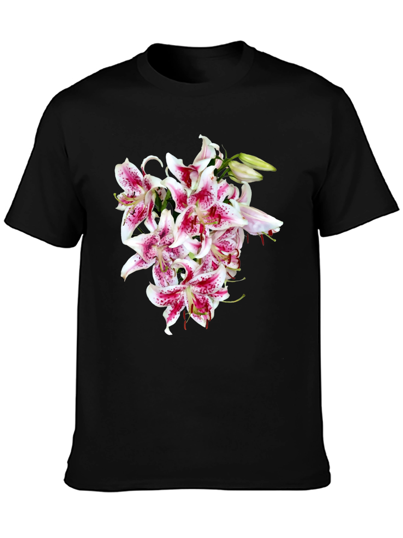 Floral Print T-Shirt - Casual Black Tee with Lily Bouquet Design