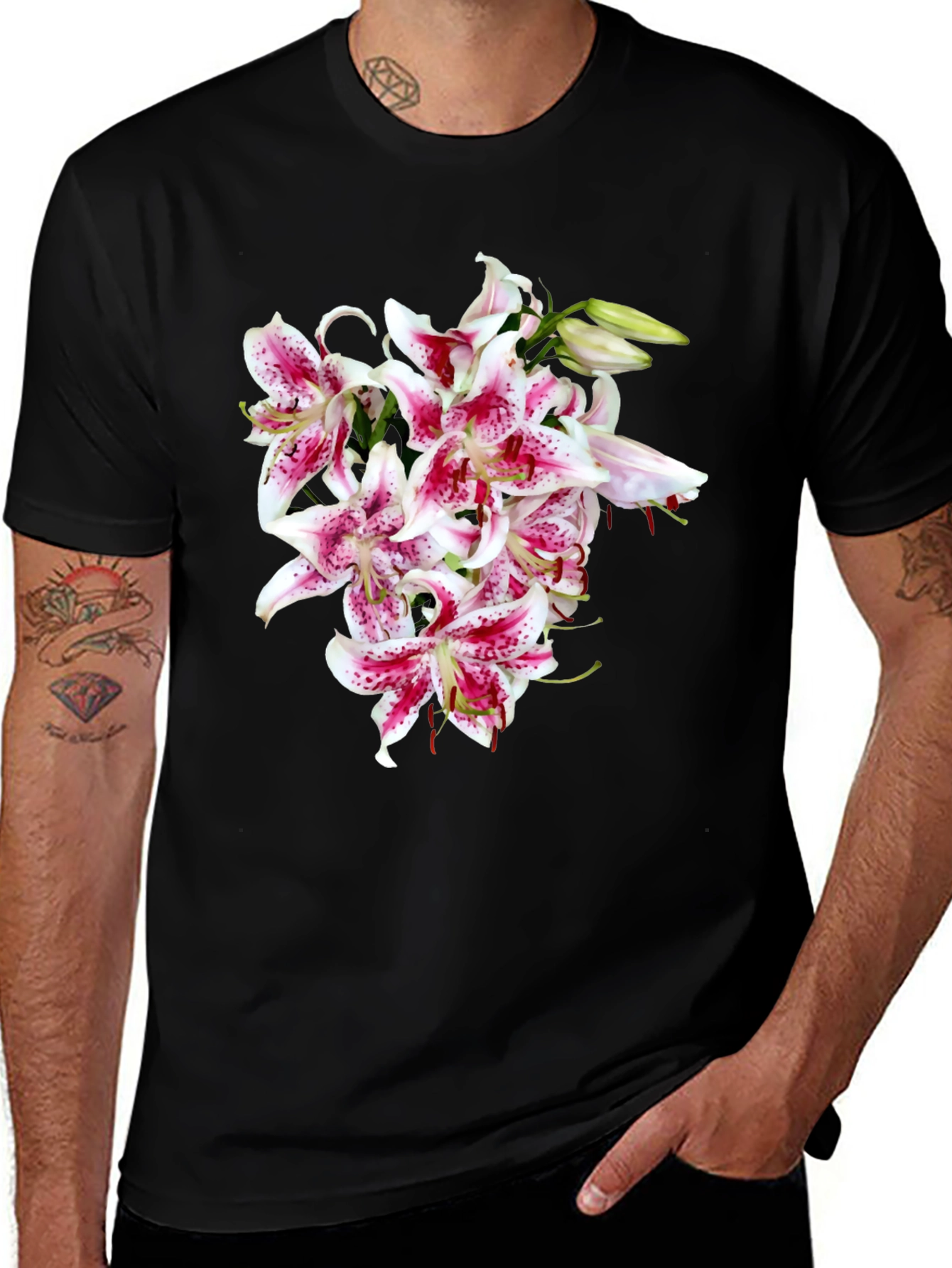 Floral Print T-Shirt - Casual Black Tee with Lily Bouquet Design