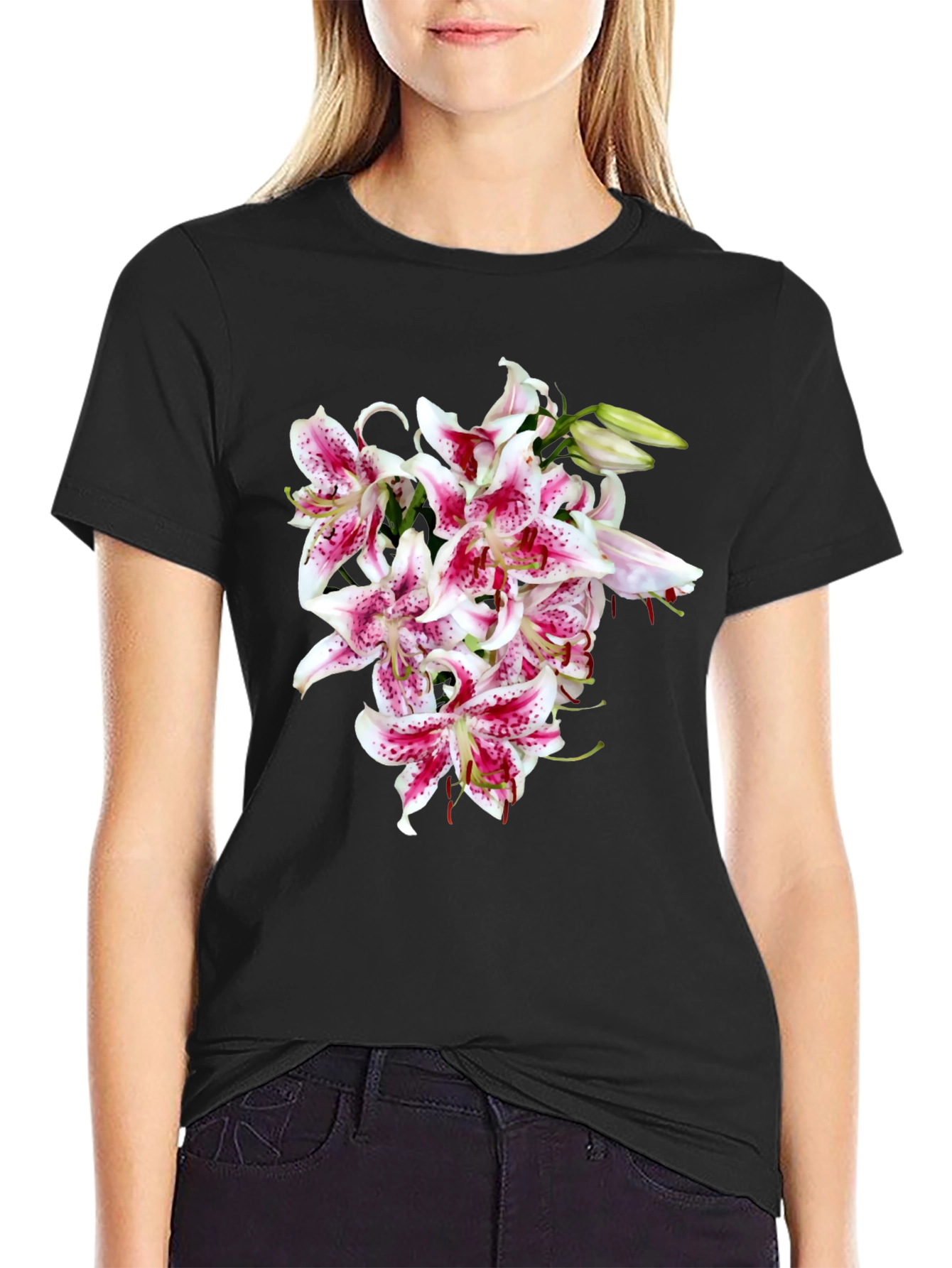 Floral Print T-Shirt - Casual Black Tee with Lily Bouquet Design