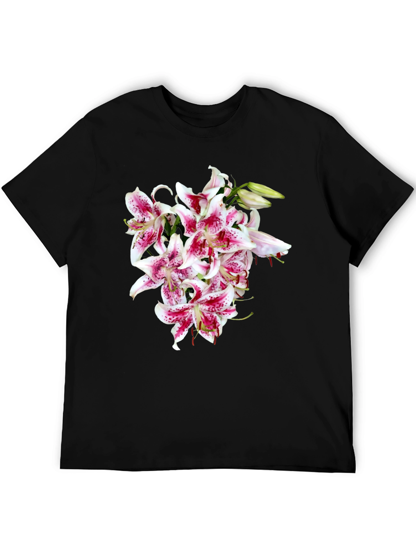 Floral Print T-Shirt - Casual Black Tee with Lily Bouquet Design