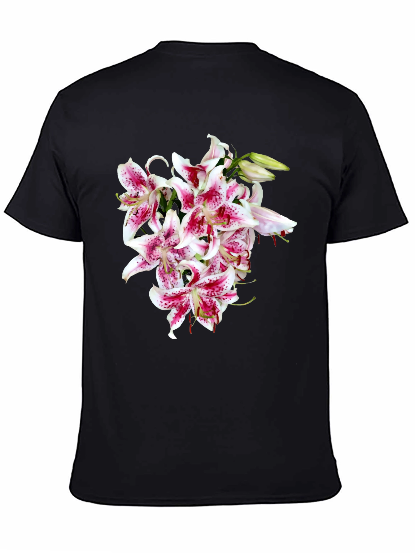 Floral Print T-Shirt - Casual Black Tee with Lily Bouquet Design