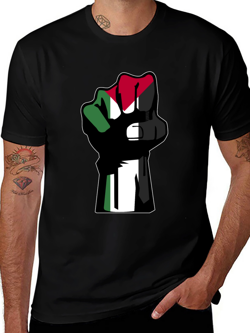 Flag Fist Black T-Shirt - Palestine Solidarity