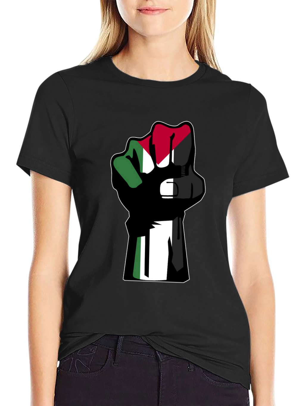 Flag Fist Black T-Shirt - Palestine Solidarity