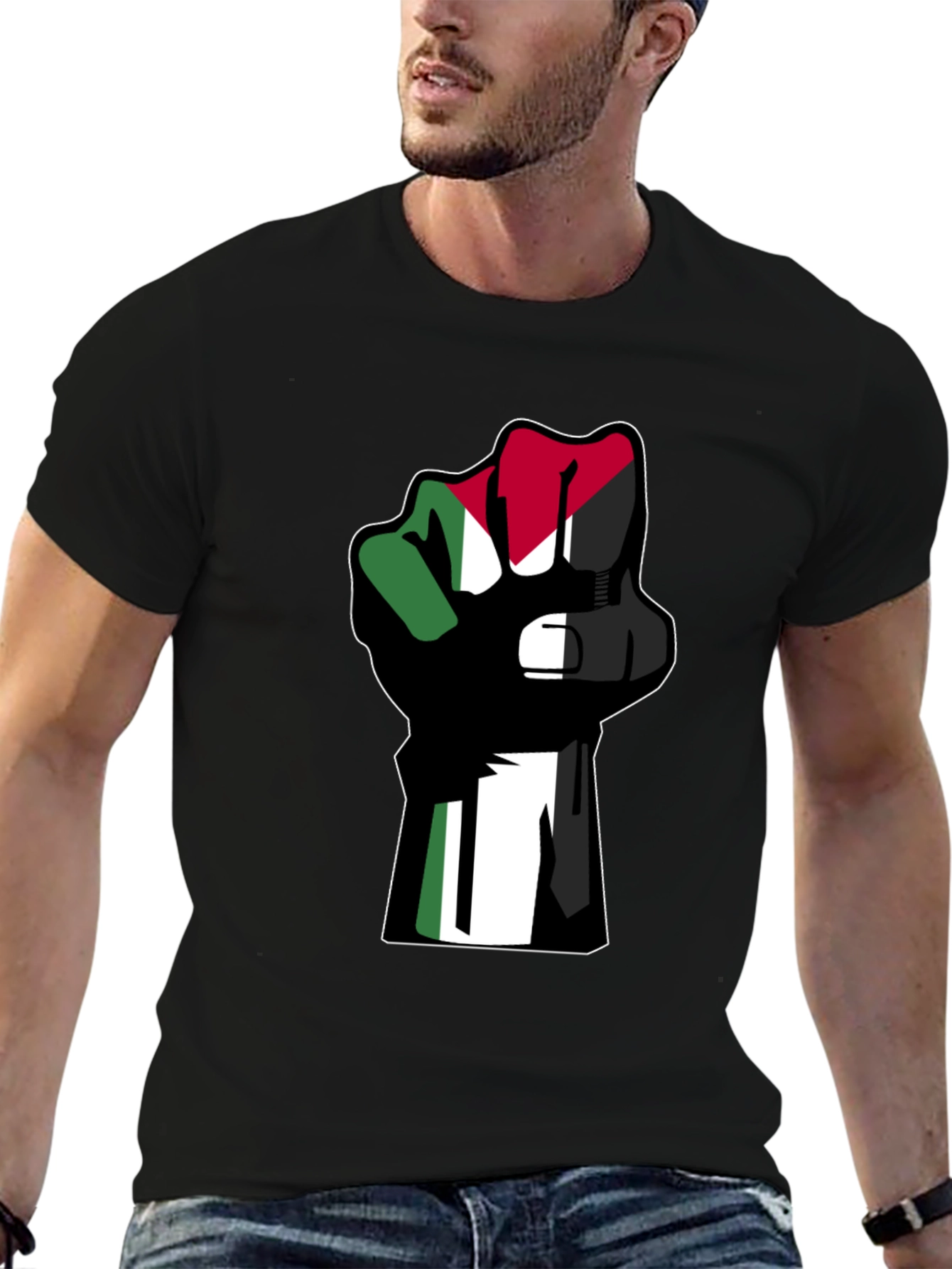 Flag Fist Black T-Shirt - Palestine Solidarity