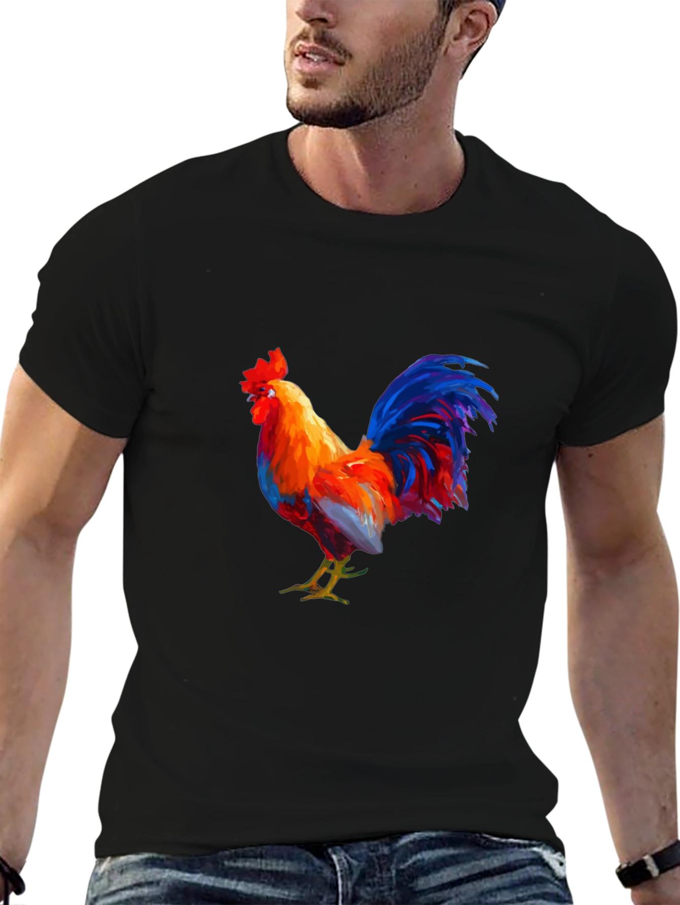 Rooster Graphic Tee - Black Cotton T-Shirt