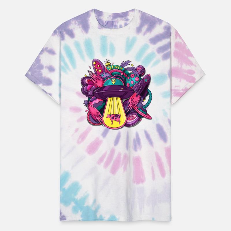 Space with alien saucer rocket planets stars