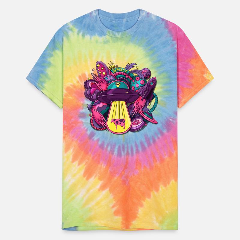 Space with alien saucer rocket planets stars