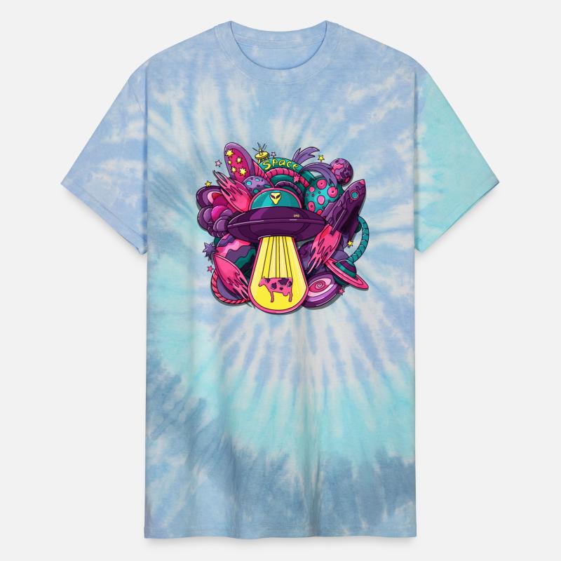 Space with alien saucer rocket planets stars