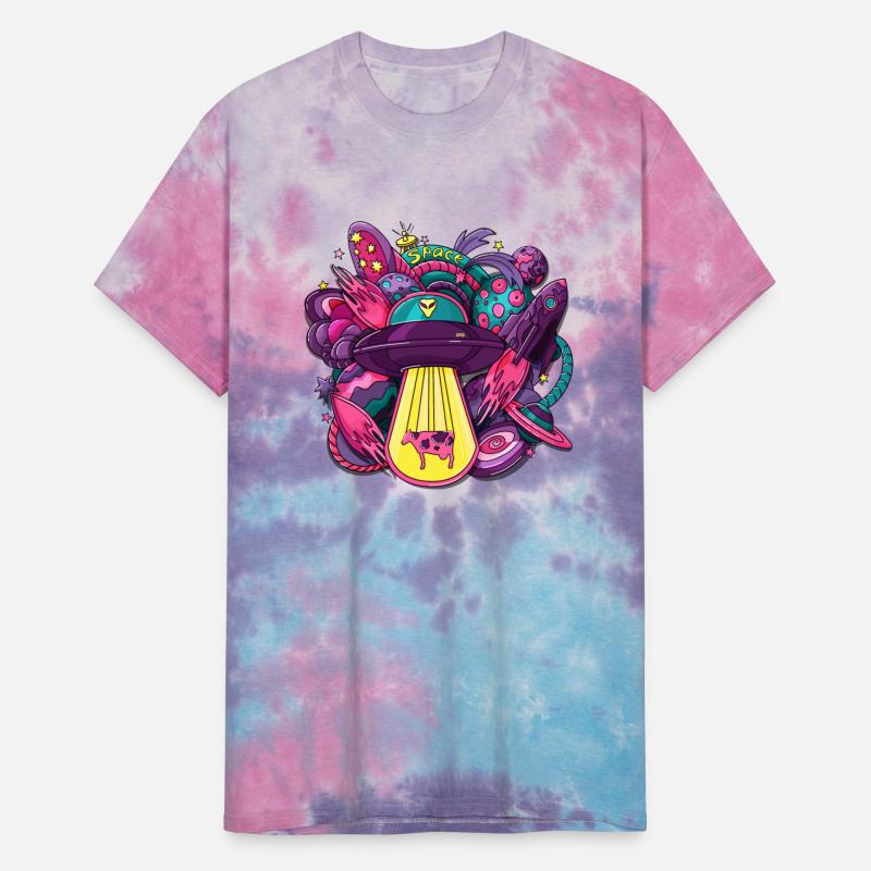 Space with alien saucer rocket planets stars