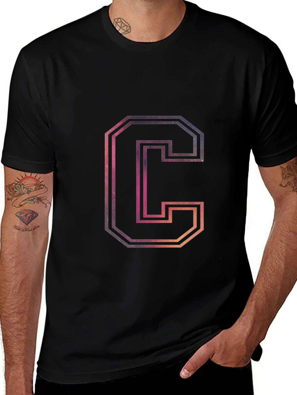 Letter C Galaxy Graphic Black T-Shirt