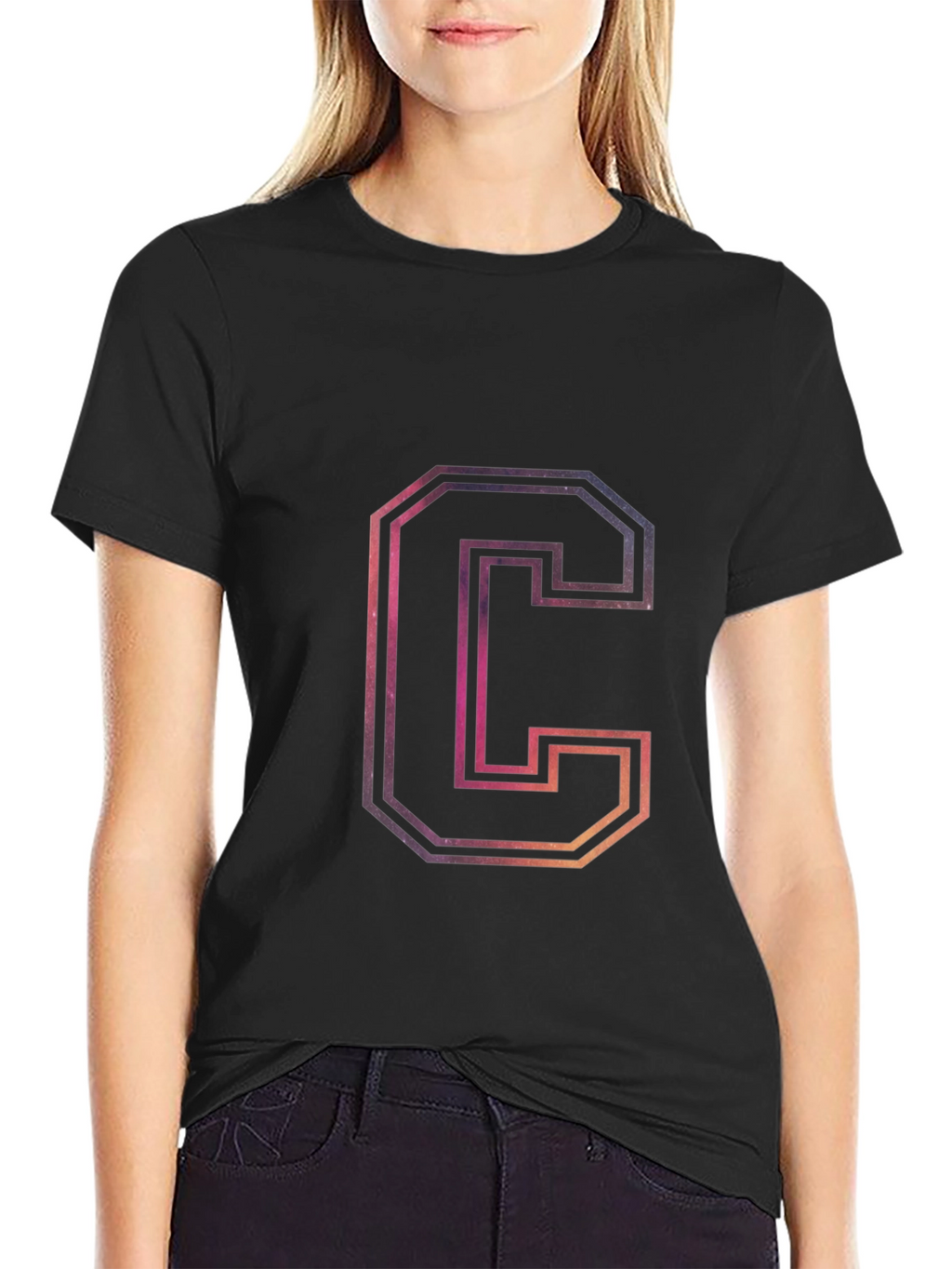 Letter C Galaxy Graphic Black T-Shirt