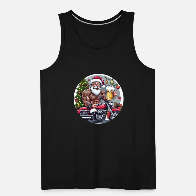 Tatooed Santa on a motorcycle with a beer