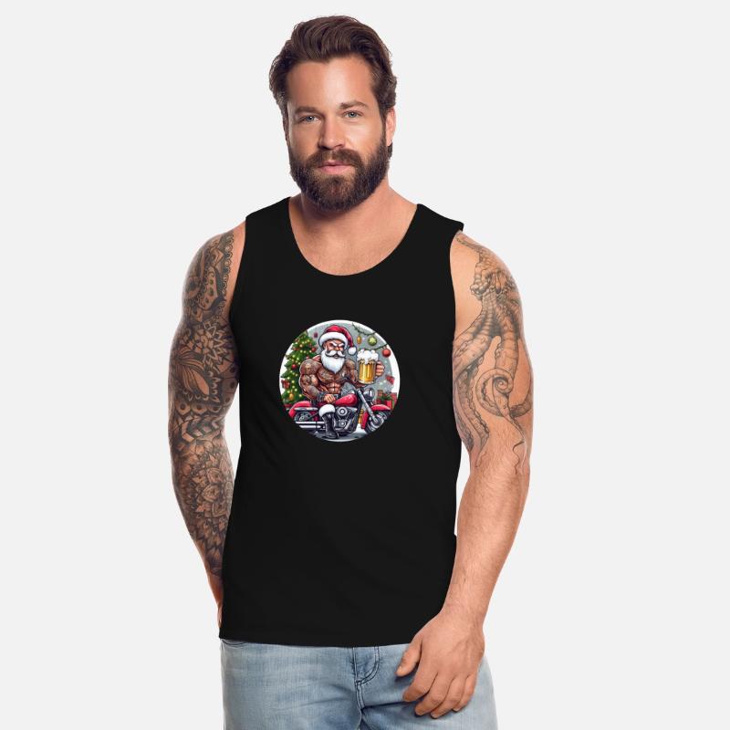 Tatooed Santa on a motorcycle with a beer