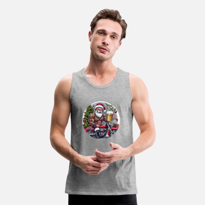 Tatooed Santa on a motorcycle with a beer