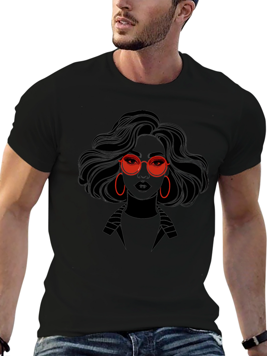 Stylish Graphic Print T-Shirt - Woman with Red Glasses