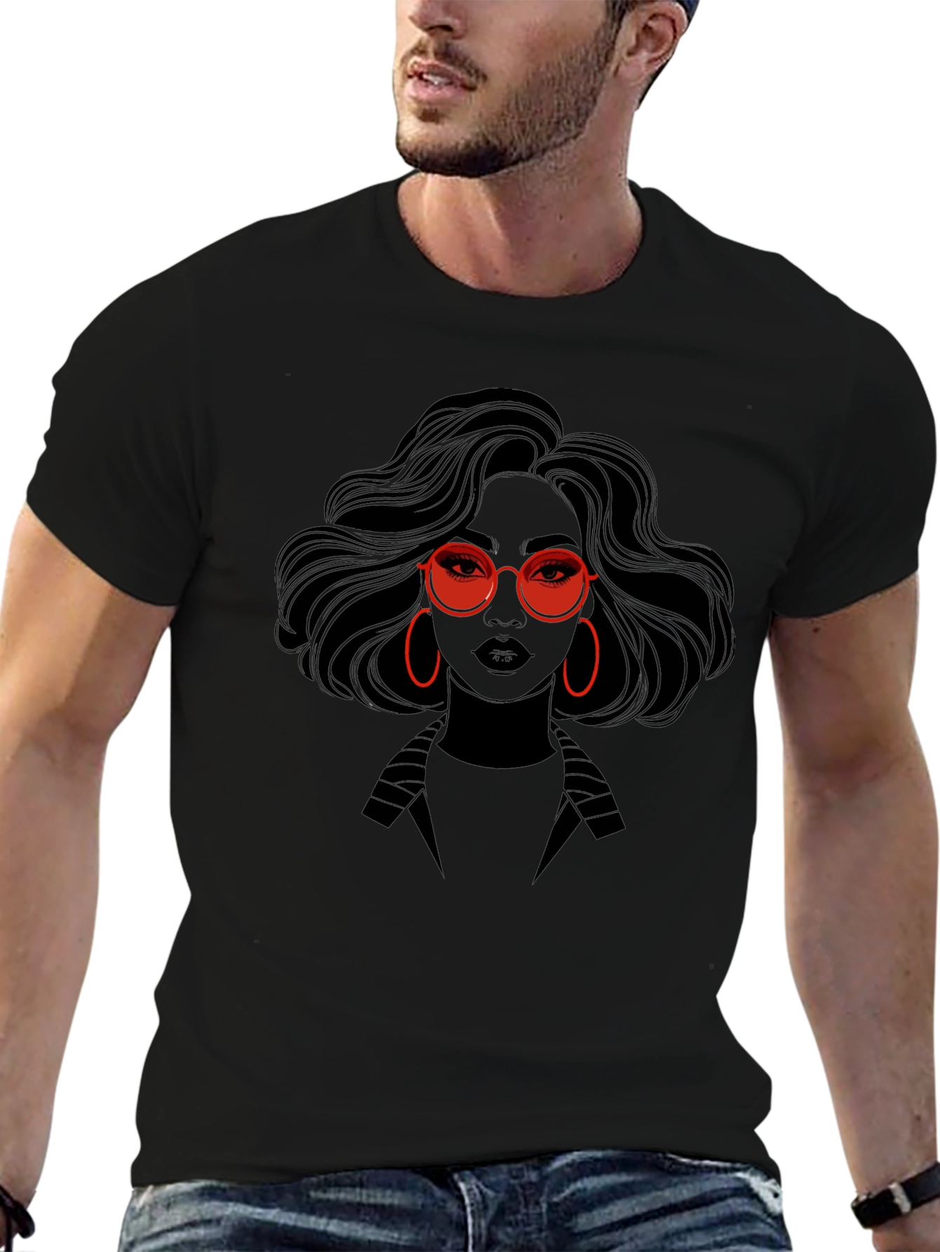 Stylish Graphic Print T-Shirt - Woman with Red Glasses
