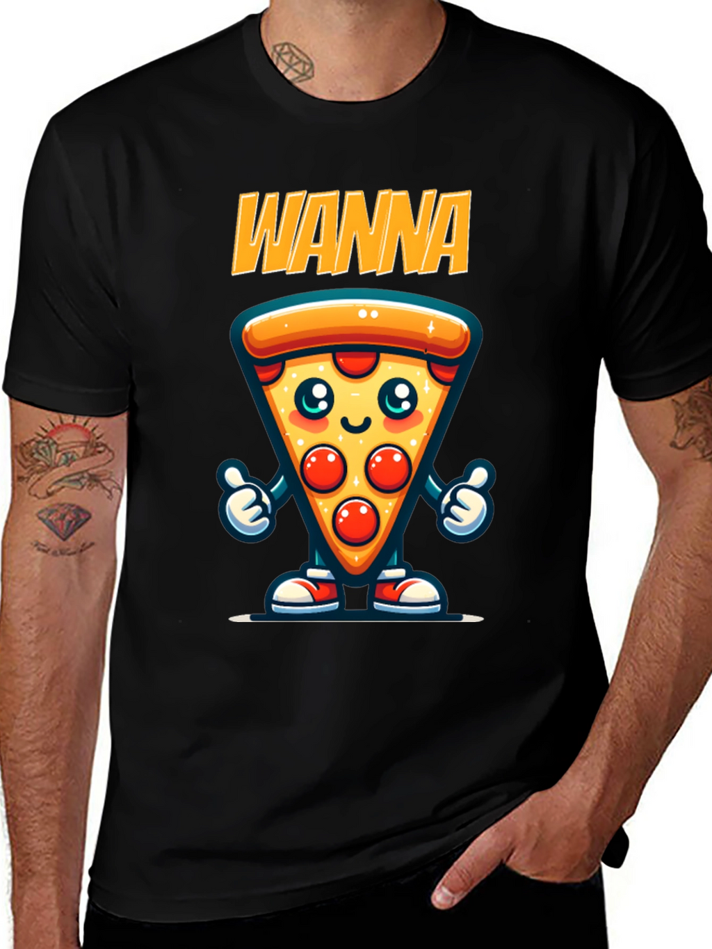 Wanna Pizza Cute Cartoon Graphic Black T-Shirt