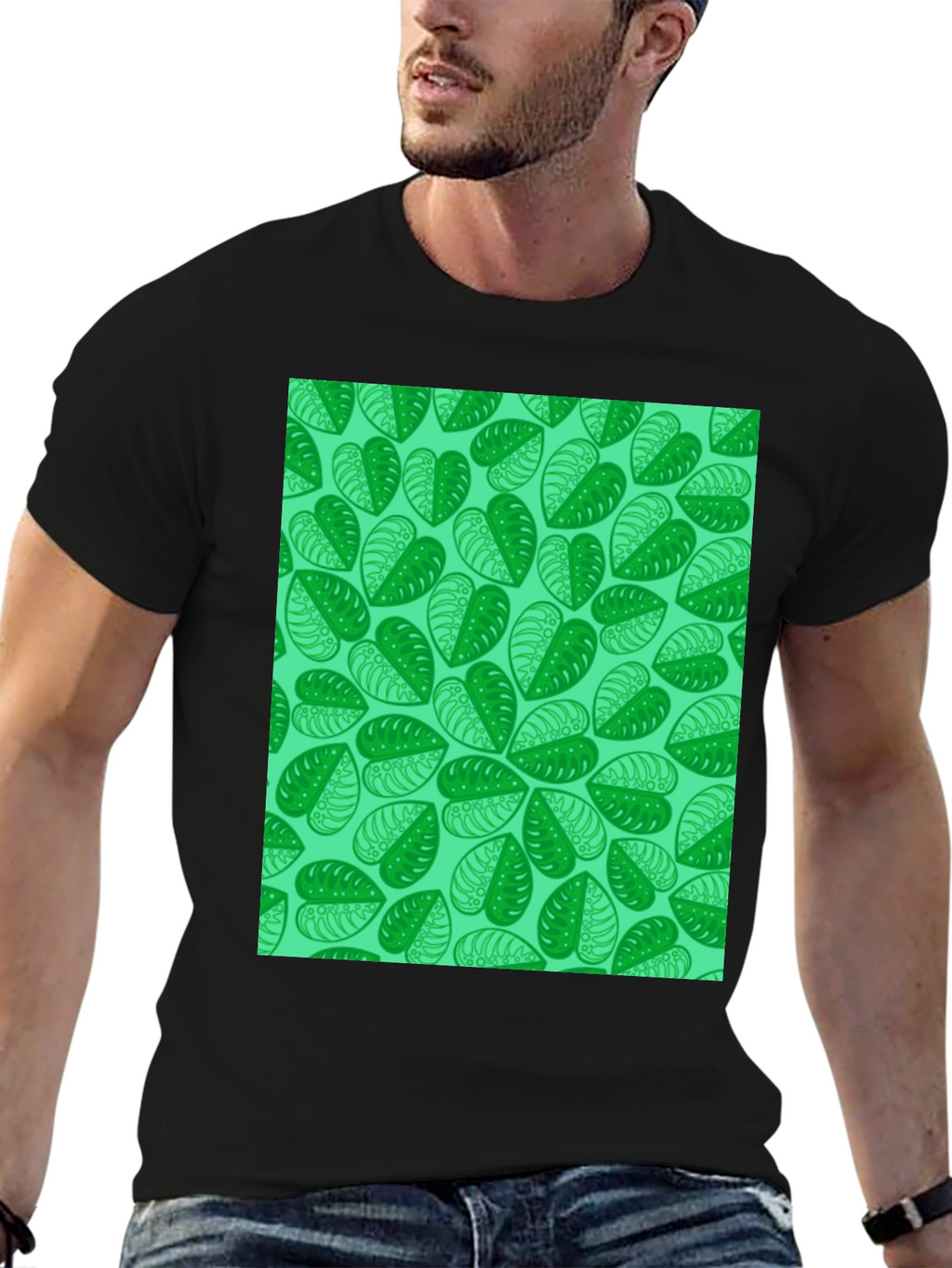 Green Leaf Print Black T-Shirt